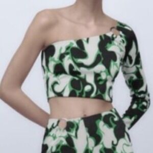 ZARA Green White‎ Jacquard Retro One Shoulder Cropped Top Medium | EUC
